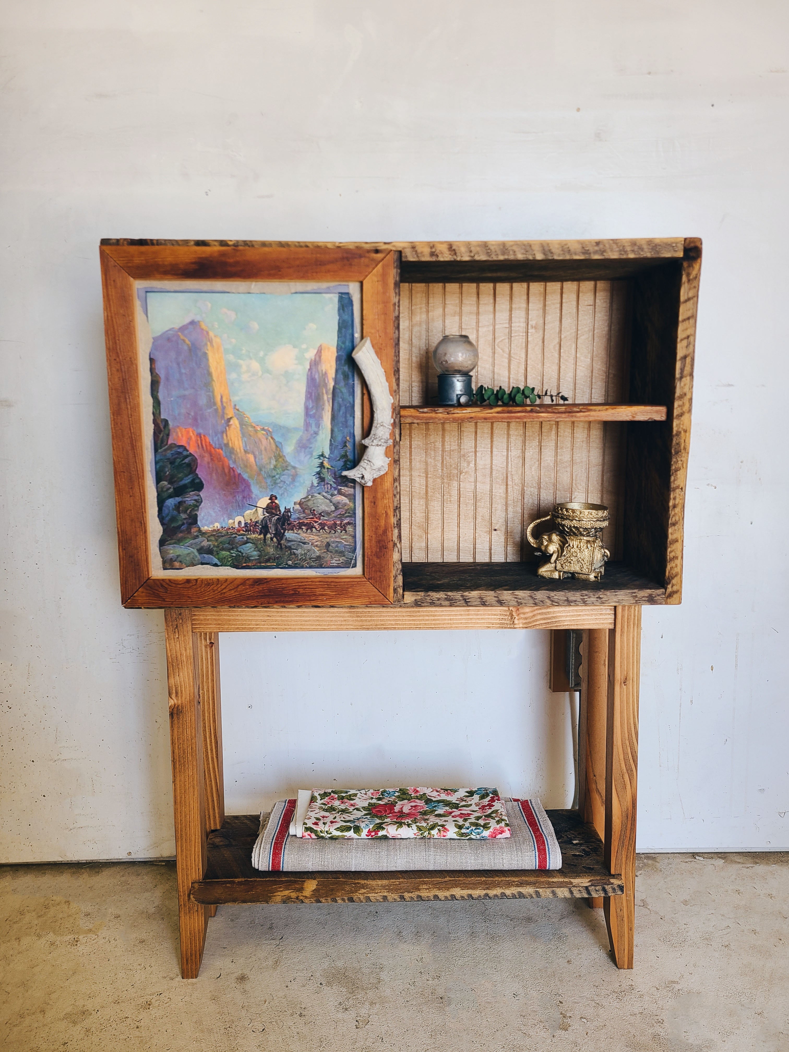 Vintage Art and Barnwood Storage Cabinet